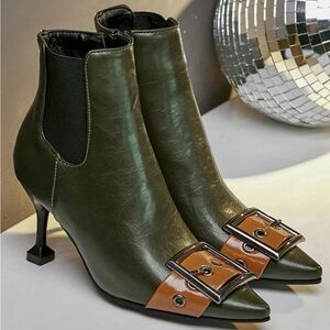 Olive green heels with brown buckle